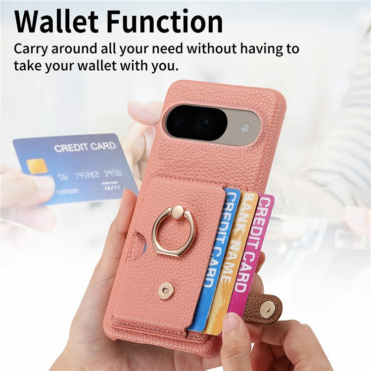 For Google Pixel 9 / 9 Pro Case Ring Holder Kickstand Card Slot Leather Phone Back Cover - Pink