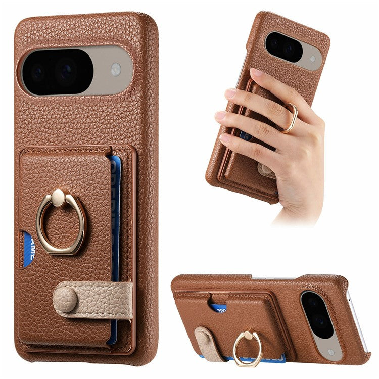 For Google Pixel 9 / 9 Pro Case Ring Holder Kickstand Card Slot Leather Phone Back Cover - Brown
