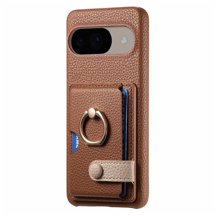 For Google Pixel 9 / 9 Pro Case Ring Holder Kickstand Card Slot Leather Phone Back Cover - Brown