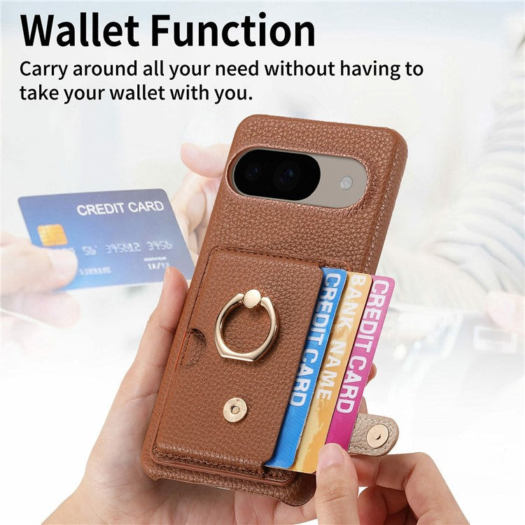For Google Pixel 9 / 9 Pro Case Ring Holder Kickstand Card Slot Leather Phone Back Cover - Brown
