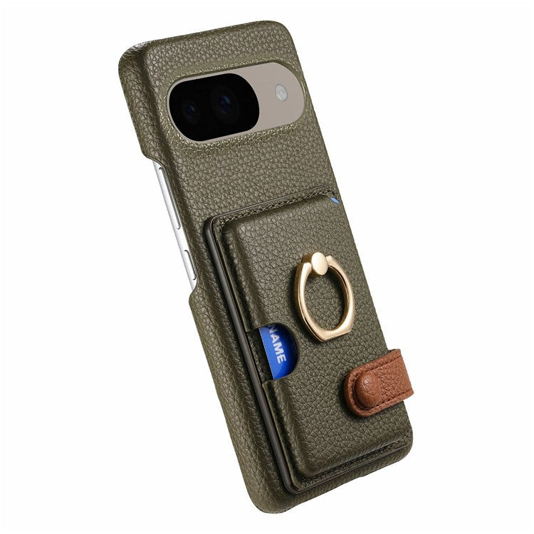 For Google Pixel 9 / 9 Pro Case Ring Holder Kickstand Card Slot Leather Phone Back Cover - Green
