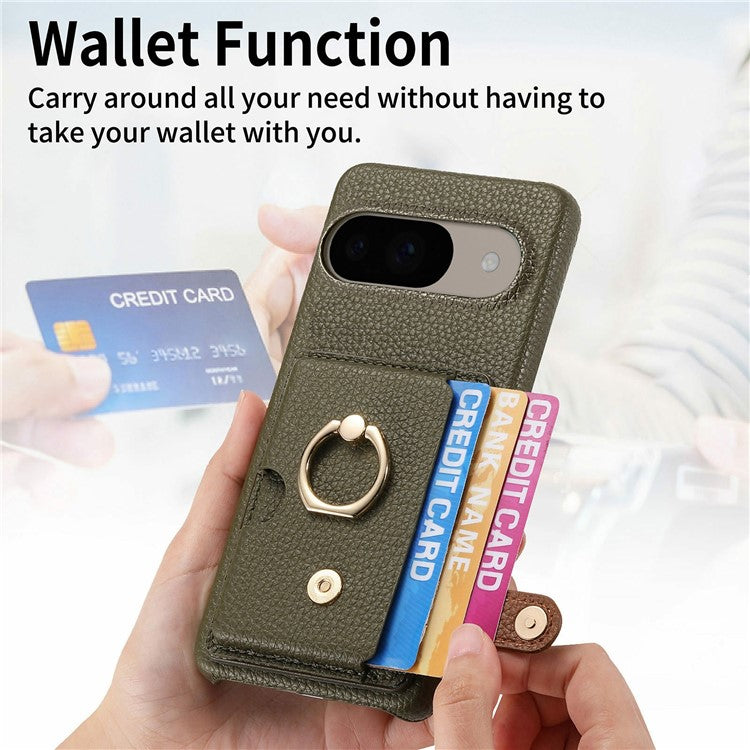 For Google Pixel 9 / 9 Pro Case Ring Holder Kickstand Card Slot Leather Phone Back Cover - Green