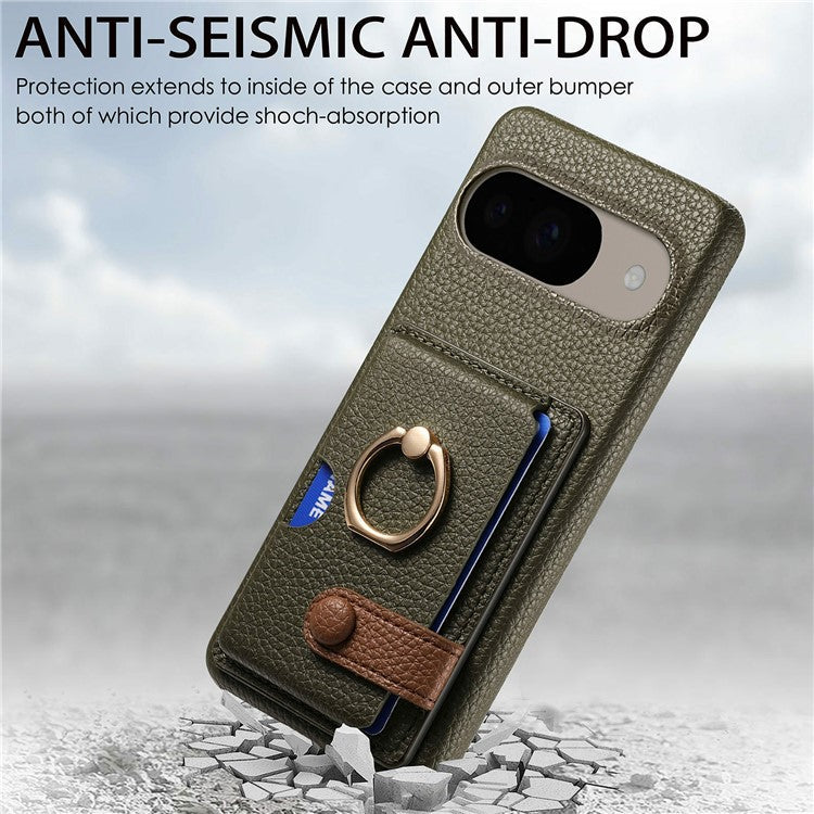 For Google Pixel 9 / 9 Pro Case Ring Holder Kickstand Card Slot Leather Phone Back Cover - Green