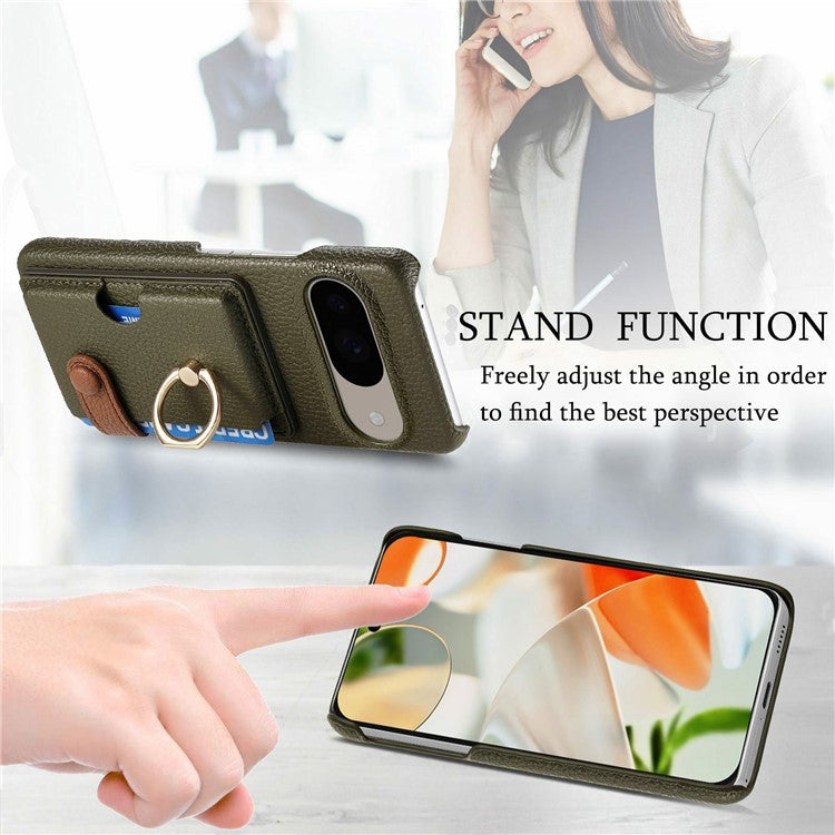 For Google Pixel 9 / 9 Pro Case Ring Holder Kickstand Card Slot Leather Phone Back Cover - Green