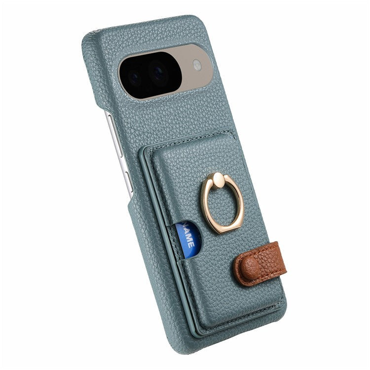 For Google Pixel 9 / 9 Pro Case Ring Holder Kickstand Card Slot Leather Phone Back Cover - Baby Blue