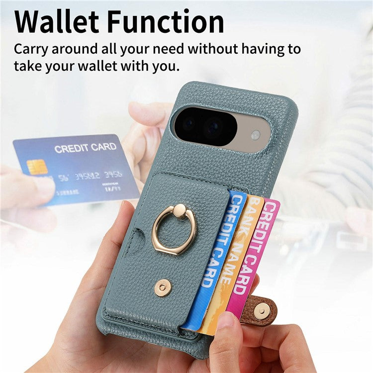 For Google Pixel 9 / 9 Pro Case Ring Holder Kickstand Card Slot Leather Phone Back Cover - Baby Blue