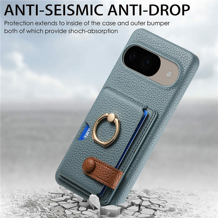 For Google Pixel 9 / 9 Pro Case Ring Holder Kickstand Card Slot Leather Phone Back Cover - Baby Blue