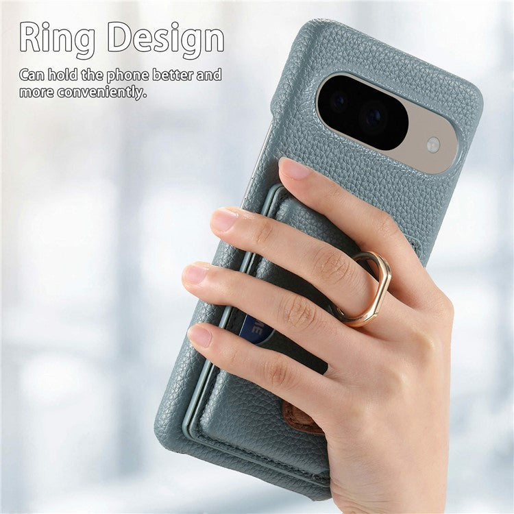 For Google Pixel 9 / 9 Pro Case Ring Holder Kickstand Card Slot Leather Phone Back Cover - Baby Blue