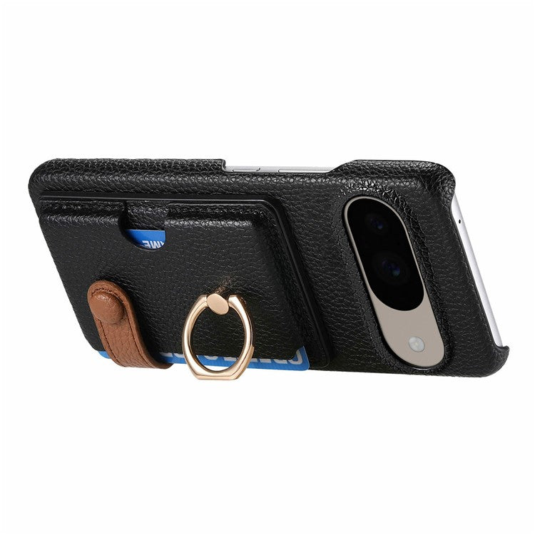For Google Pixel 9 / 9 Pro Case Ring Holder Kickstand Card Slot Leather Phone Back Cover - Black