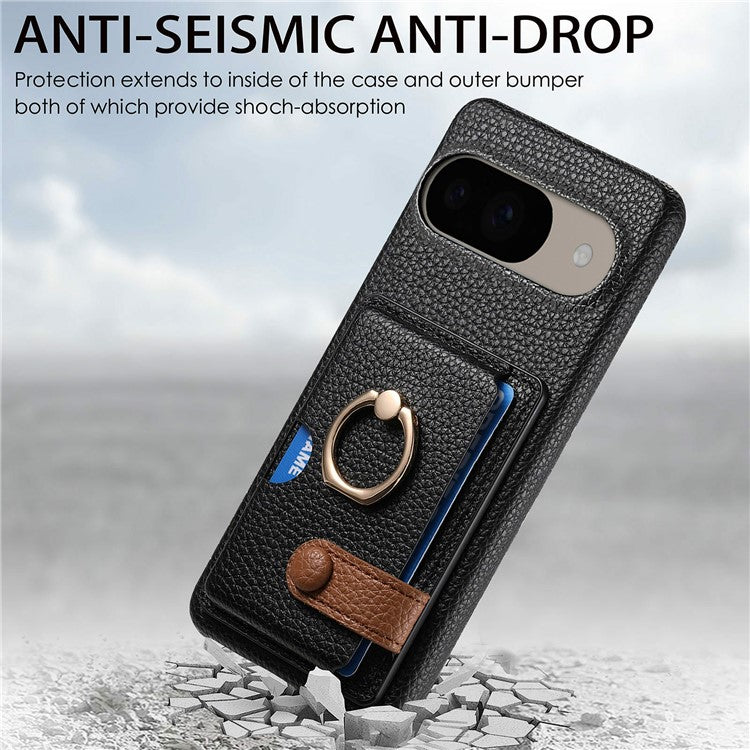 For Google Pixel 9 / 9 Pro Case Ring Holder Kickstand Card Slot Leather Phone Back Cover - Black