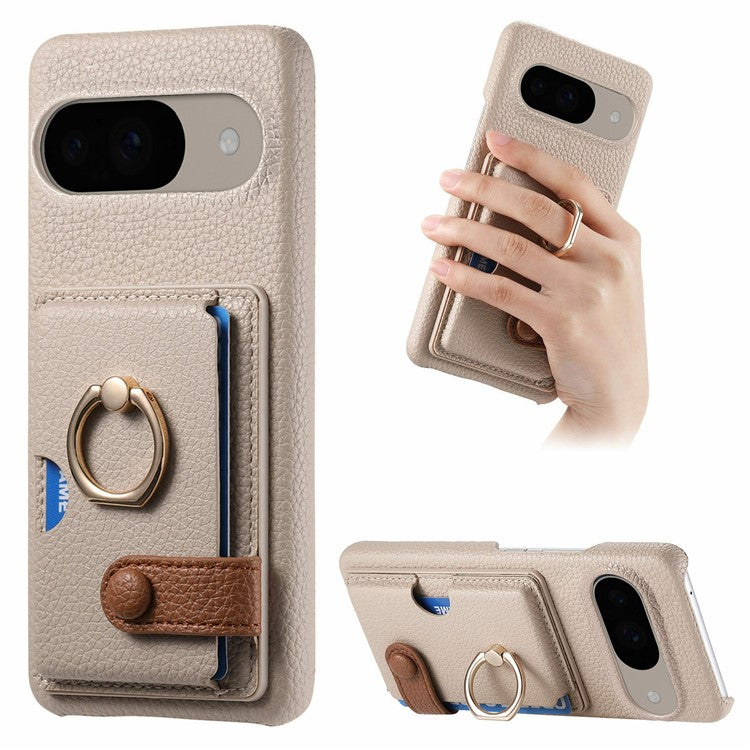For Google Pixel 9 / 9 Pro Case Ring Holder Kickstand Card Slot Leather Phone Back Cover - Grey