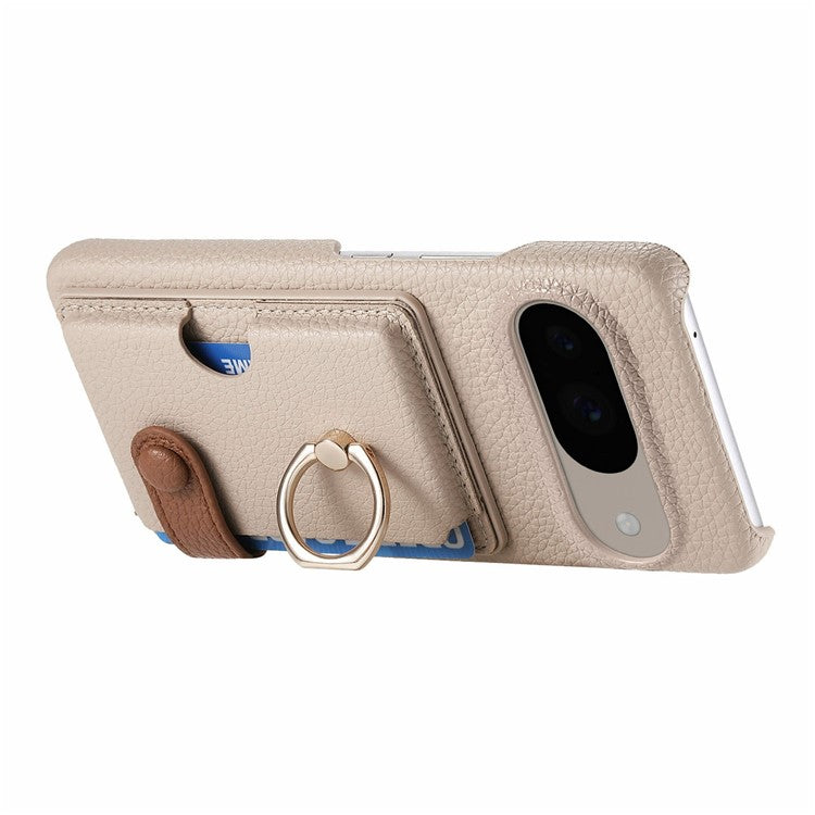 For Google Pixel 9 / 9 Pro Case Ring Holder Kickstand Card Slot Leather Phone Back Cover - Grey