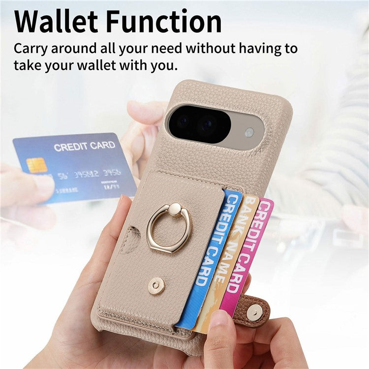 For Google Pixel 9 / 9 Pro Case Ring Holder Kickstand Card Slot Leather Phone Back Cover - Grey