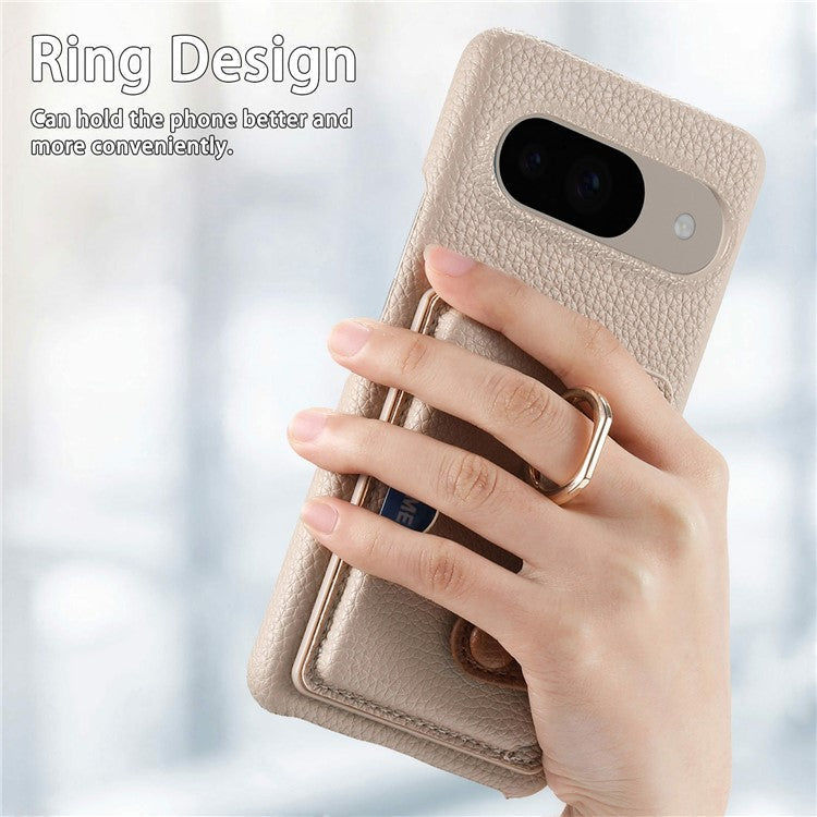 For Google Pixel 9 / 9 Pro Case Ring Holder Kickstand Card Slot Leather Phone Back Cover - Grey