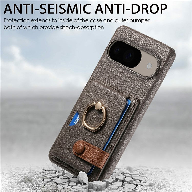 For Google Pixel 9 / 9 Pro Case Ring Holder Kickstand Card Slot Leather Phone Back Cover - Dark Grey