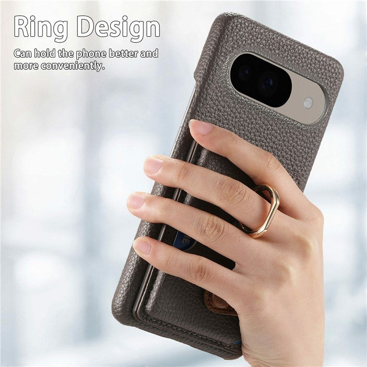 For Google Pixel 9 / 9 Pro Case Ring Holder Kickstand Card Slot Leather Phone Back Cover - Dark Grey