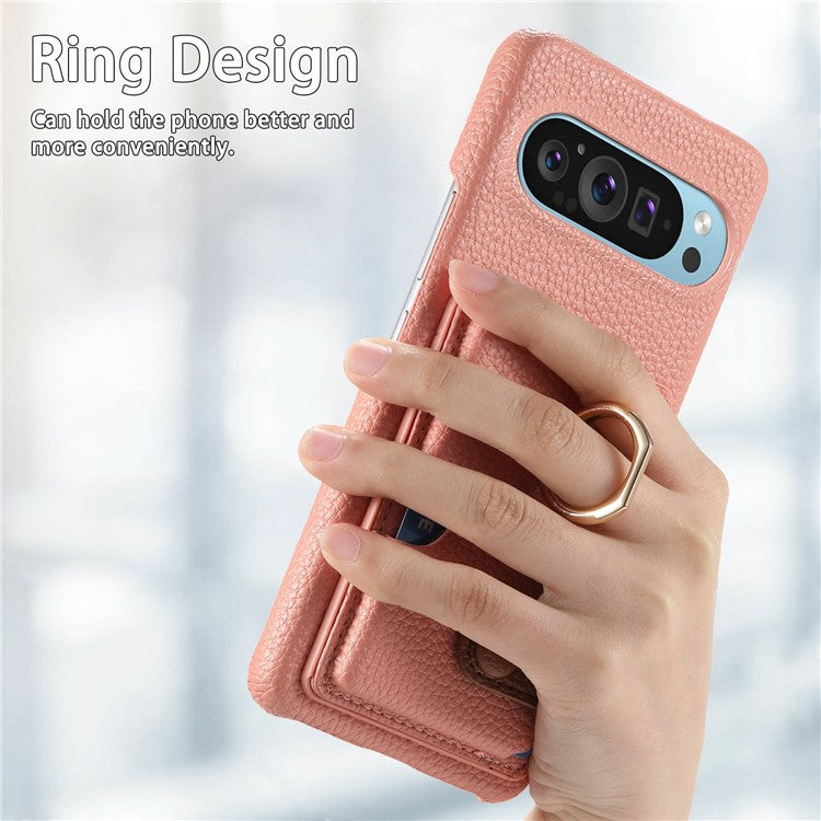 For Google Pixel 9 Pro XL Case Ring Holder Kickstand Card Slot Leather Phone Back Cover - Pink