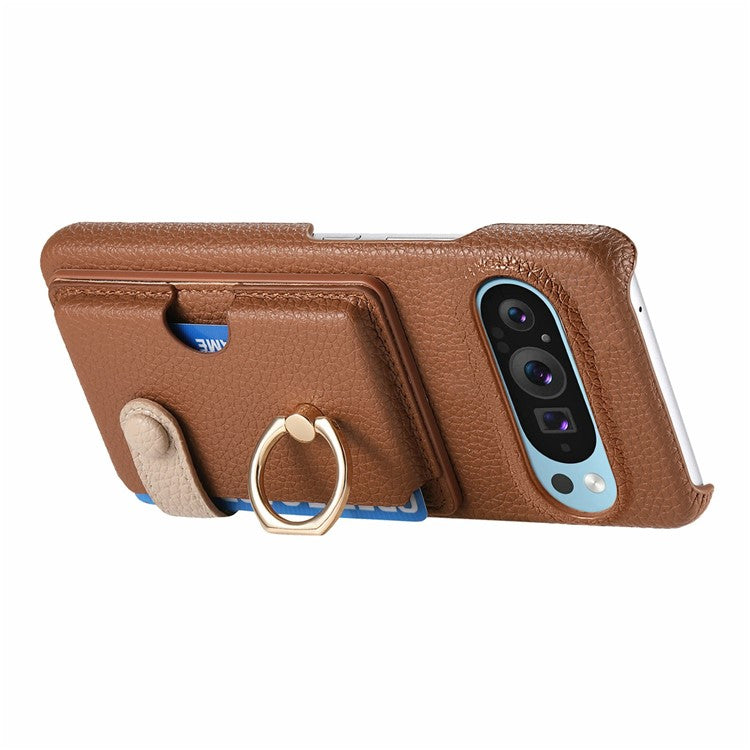 For Google Pixel 9 Pro XL Case Ring Holder Kickstand Card Slot Leather Phone Back Cover - Brown