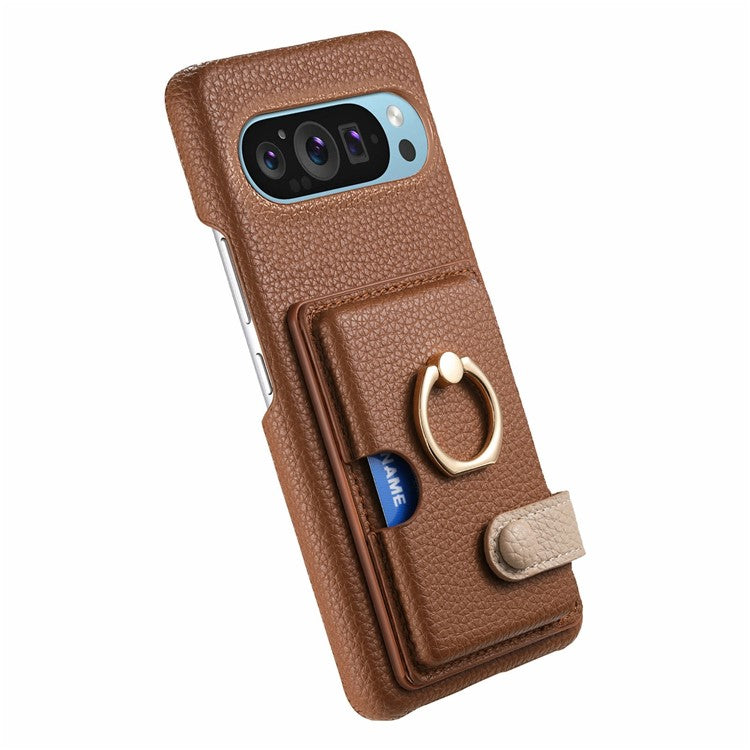 For Google Pixel 9 Pro XL Case Ring Holder Kickstand Card Slot Leather Phone Back Cover - Brown