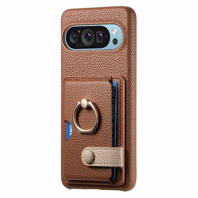 For Google Pixel 9 Pro XL Case Ring Holder Kickstand Card Slot Leather Phone Back Cover - Brown