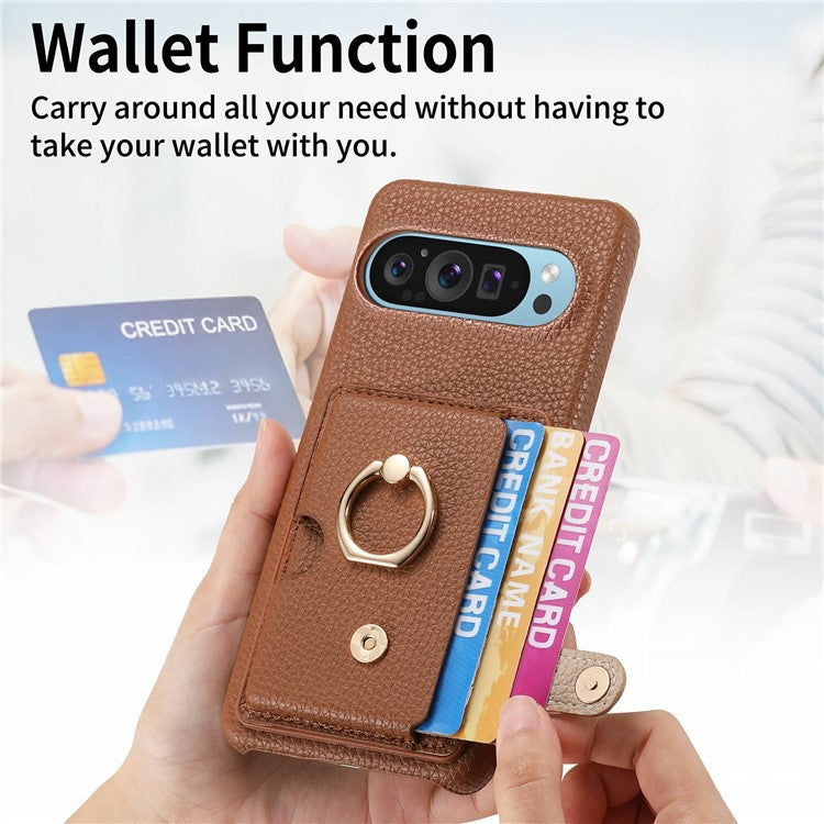 For Google Pixel 9 Pro XL Case Ring Holder Kickstand Card Slot Leather Phone Back Cover - Brown