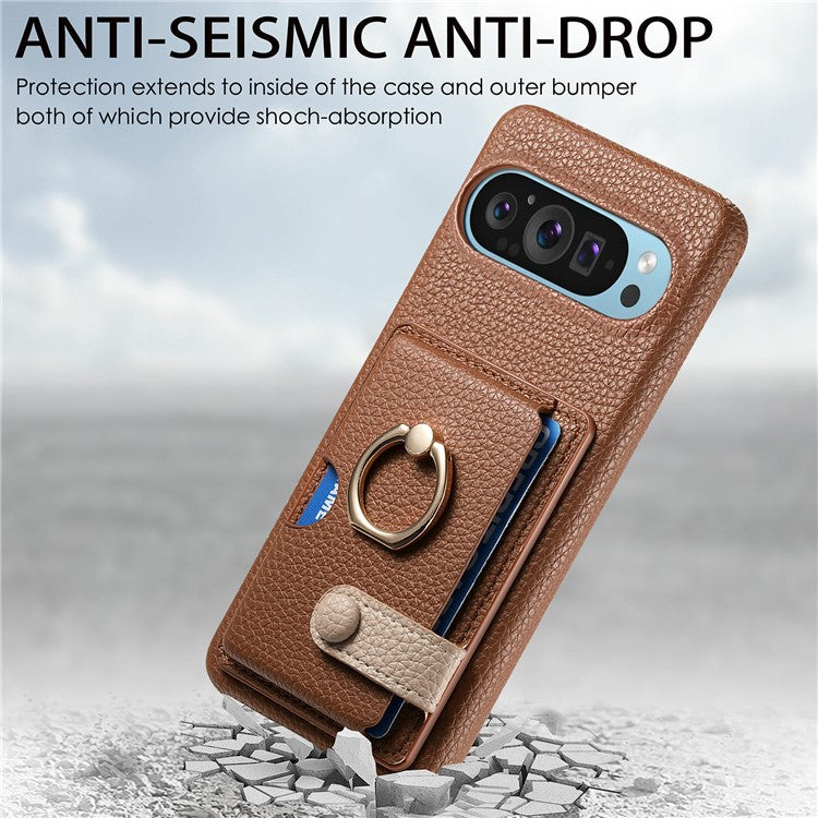 For Google Pixel 9 Pro XL Case Ring Holder Kickstand Card Slot Leather Phone Back Cover - Brown