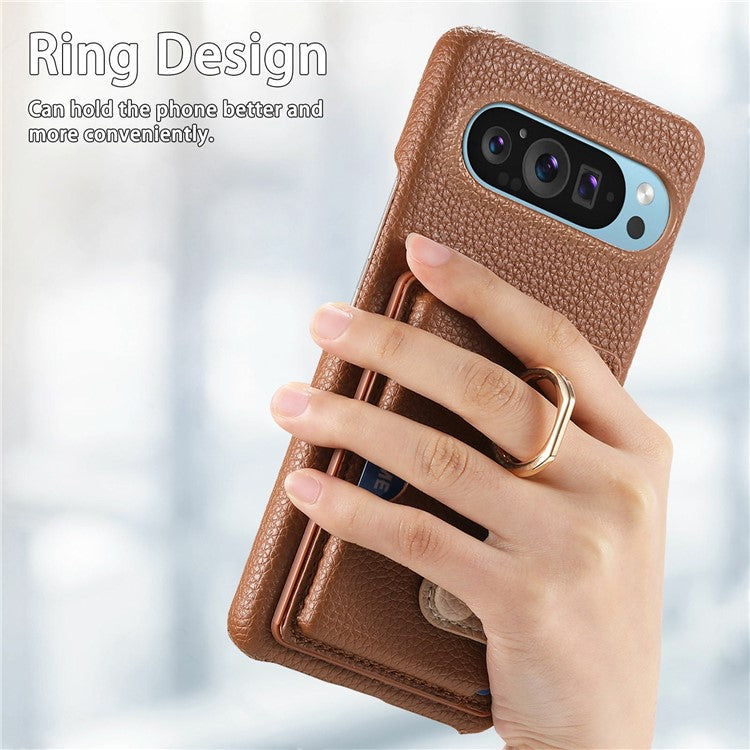 For Google Pixel 9 Pro XL Case Ring Holder Kickstand Card Slot Leather Phone Back Cover - Brown