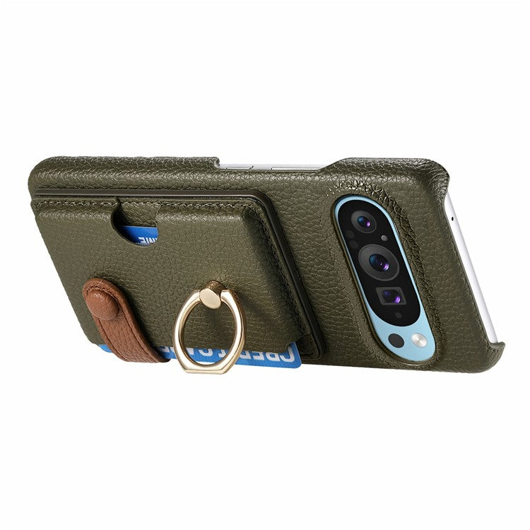 For Google Pixel 9 Pro XL Case Ring Holder Kickstand Card Slot Leather Phone Back Cover - Green
