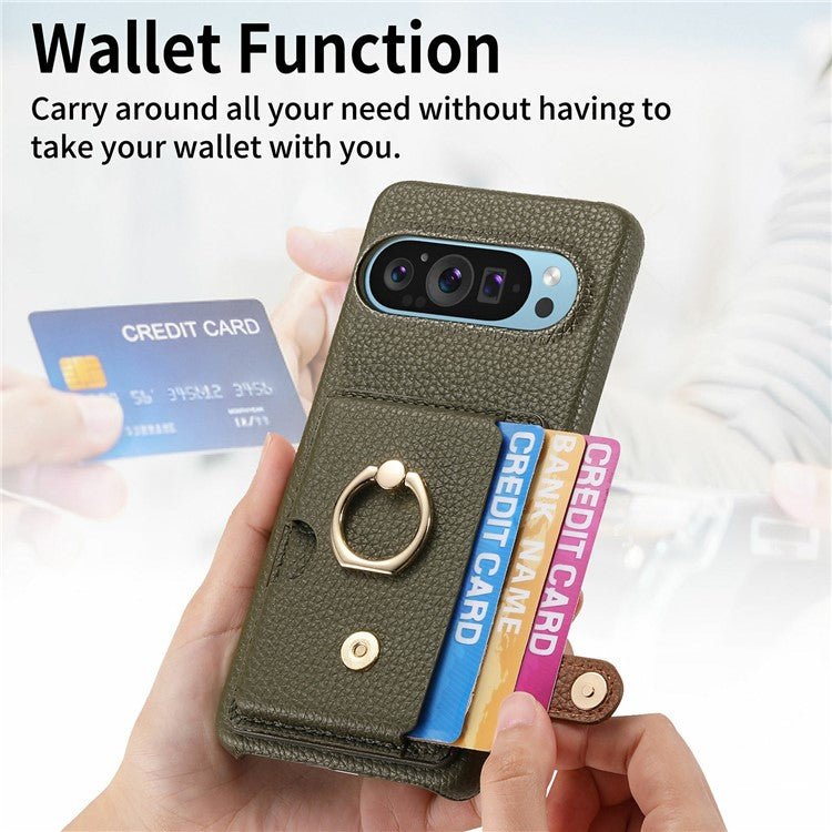 For Google Pixel 9 Pro XL Case Ring Holder Kickstand Card Slot Leather Phone Back Cover - Green