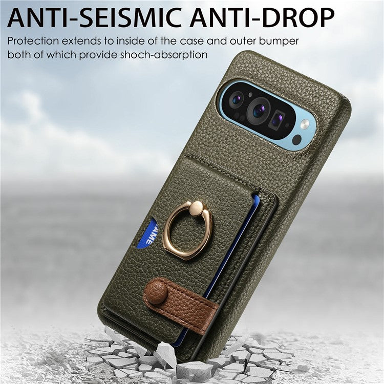 For Google Pixel 9 Pro XL Case Ring Holder Kickstand Card Slot Leather Phone Back Cover - Green