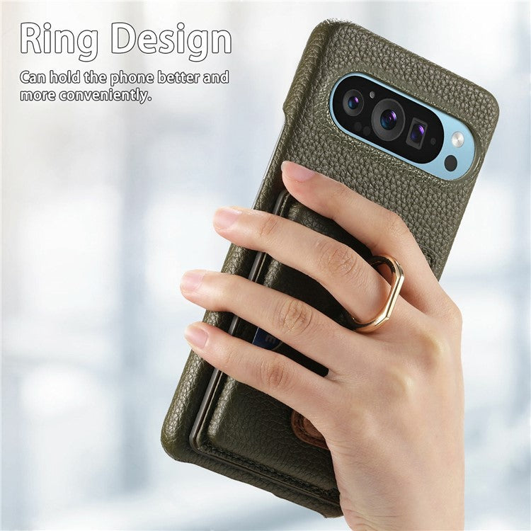 For Google Pixel 9 Pro XL Case Ring Holder Kickstand Card Slot Leather Phone Back Cover - Green