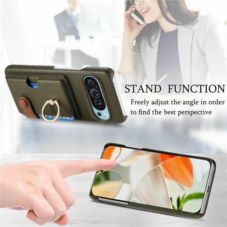 For Google Pixel 9 Pro XL Case Ring Holder Kickstand Card Slot Leather Phone Back Cover - Green