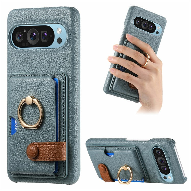 For Google Pixel 9 Pro XL Case Ring Holder Kickstand Card Slot Leather Phone Back Cover - Baby Blue
