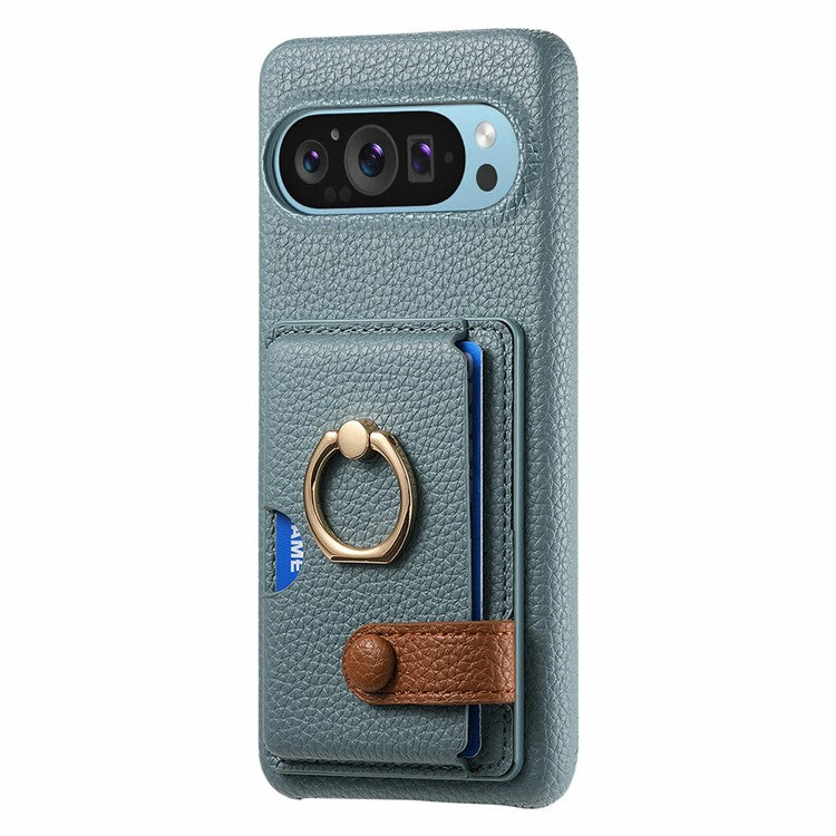 For Google Pixel 9 Pro XL Case Ring Holder Kickstand Card Slot Leather Phone Back Cover - Baby Blue