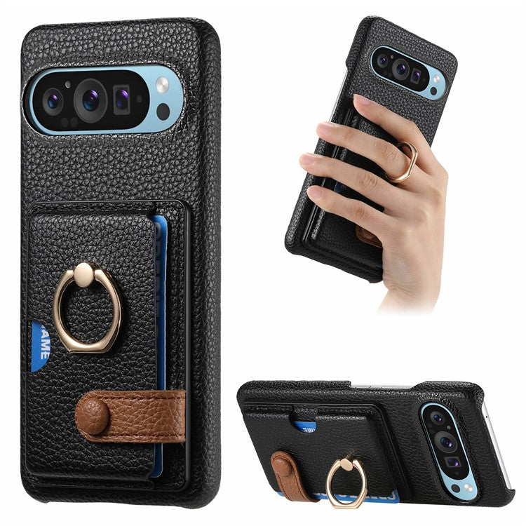 For Google Pixel 9 Pro XL Case Ring Holder Kickstand Card Slot Leather Phone Back Cover - Black