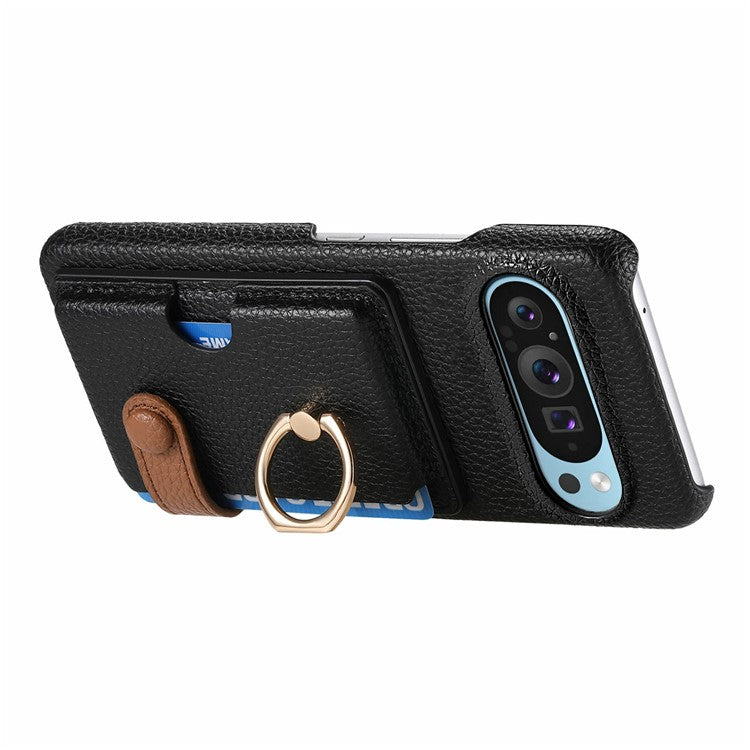 For Google Pixel 9 Pro XL Case Ring Holder Kickstand Card Slot Leather Phone Back Cover - Black