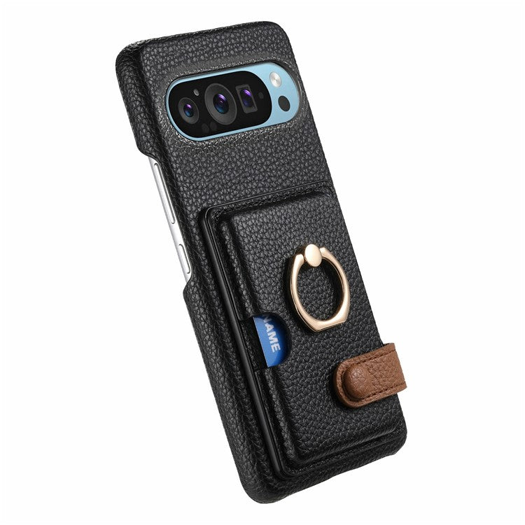 For Google Pixel 9 Pro XL Case Ring Holder Kickstand Card Slot Leather Phone Back Cover - Black