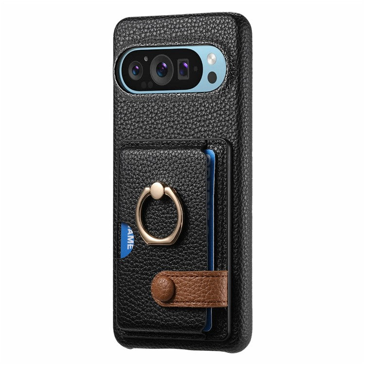 For Google Pixel 9 Pro XL Case Ring Holder Kickstand Card Slot Leather Phone Back Cover - Black