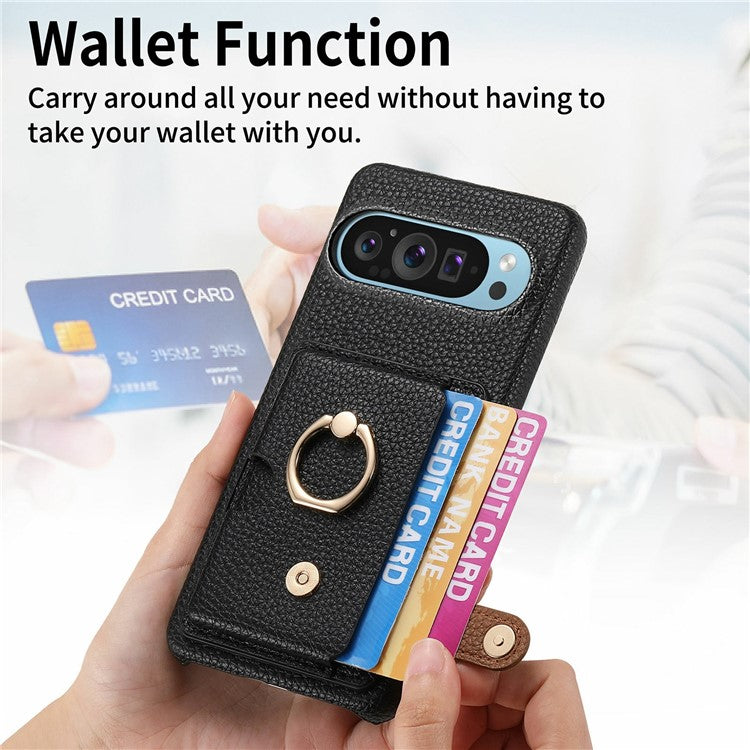 For Google Pixel 9 Pro XL Case Ring Holder Kickstand Card Slot Leather Phone Back Cover - Black
