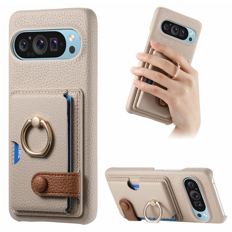 For Google Pixel 9 Pro XL Case Ring Holder Kickstand Card Slot Leather Phone Back Cover - Grey