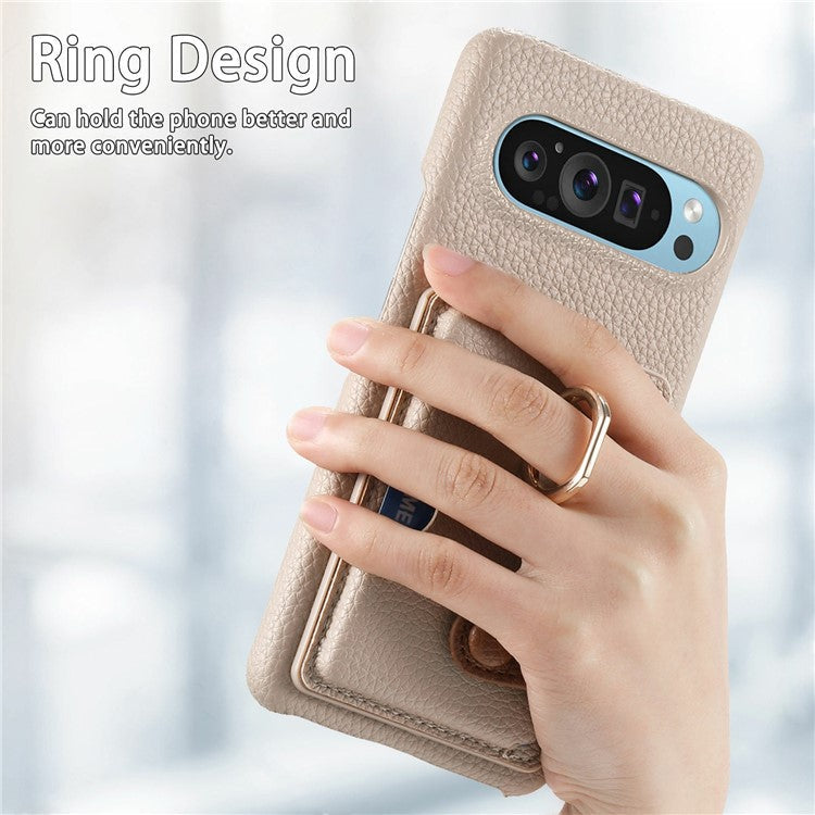 For Google Pixel 9 Pro XL Case Ring Holder Kickstand Card Slot Leather Phone Back Cover - Grey