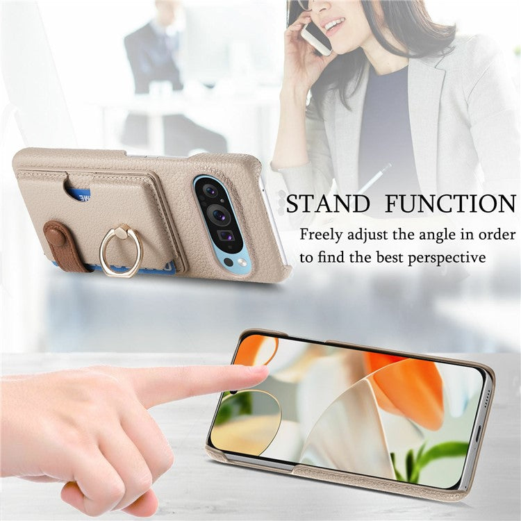 For Google Pixel 9 Pro XL Case Ring Holder Kickstand Card Slot Leather Phone Back Cover - Grey