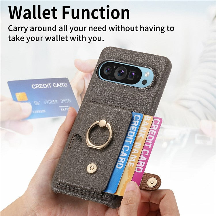 For Google Pixel 9 Pro XL Case Ring Holder Kickstand Card Slot Leather Phone Back Cover - Dark Grey