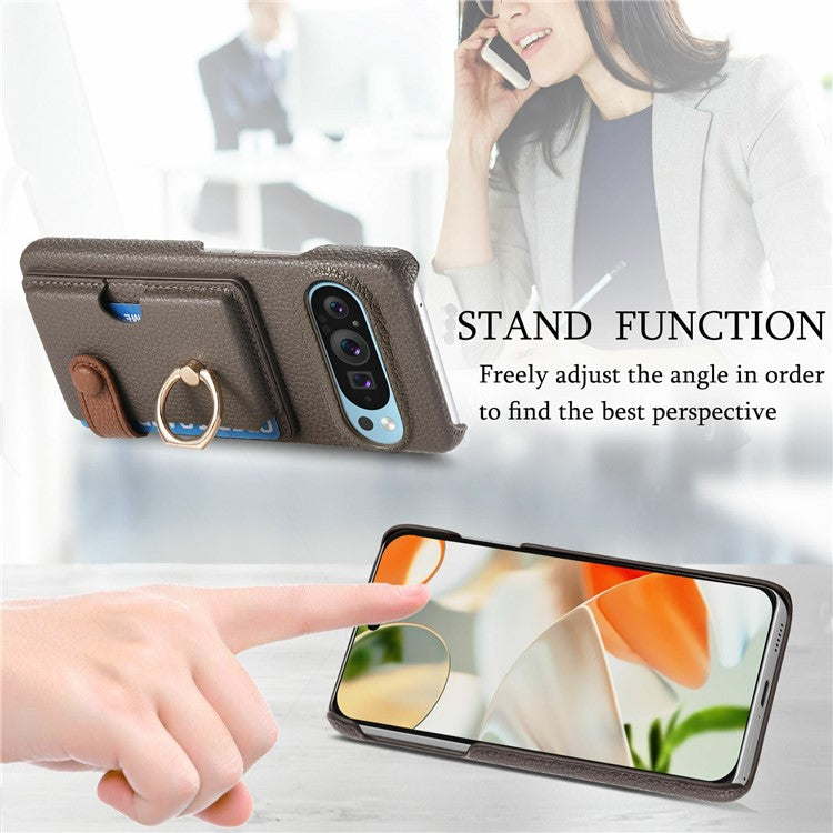For Google Pixel 9 Pro XL Case Ring Holder Kickstand Card Slot Leather Phone Back Cover - Dark Grey