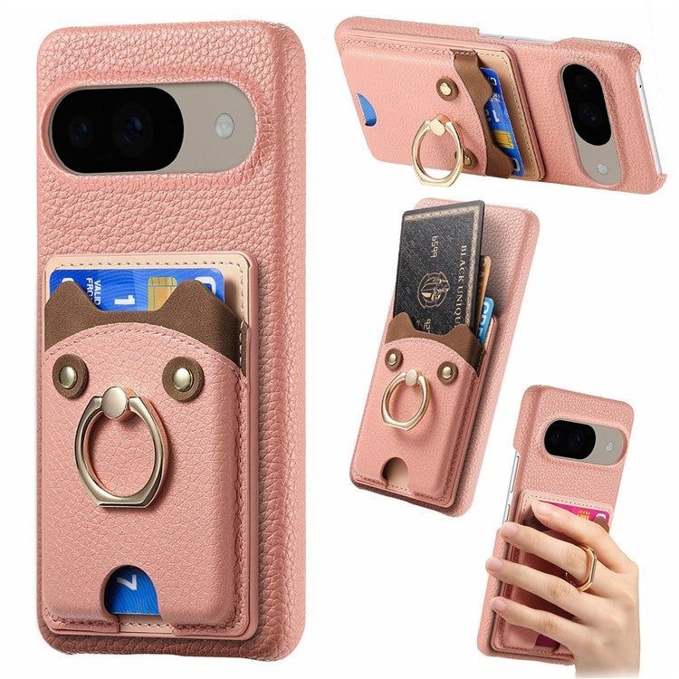 For Google Pixel 9 / 9 Pro Case Cute Bear Design PU Leather+TPU Card Holder Phone Cover - Pink