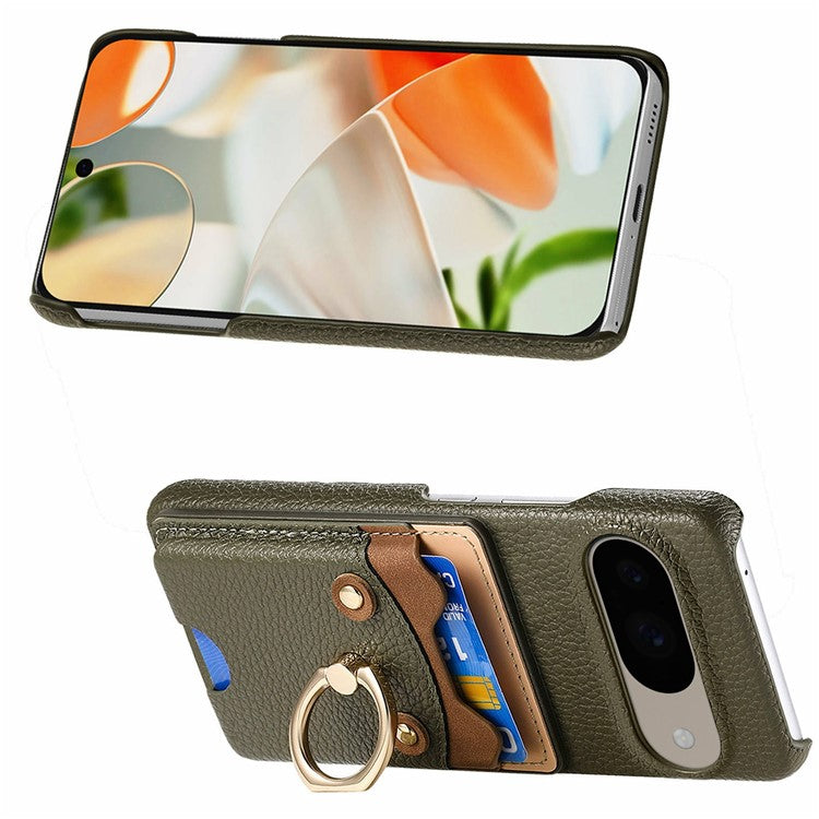 For Google Pixel 9 / 9 Pro Case Cute Bear Design PU Leather+TPU Card Holder Phone Cover - Dark Green