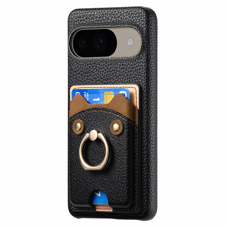For Google Pixel 9 / 9 Pro Case Cute Bear Design PU Leather+TPU Card Holder Phone Cover - Black
