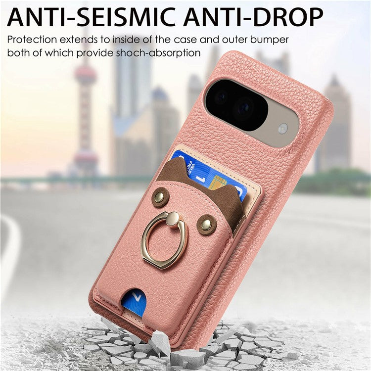 For Google Pixel 9 / 9 Pro Case Cute Bear Design PU Leather+TPU Card Holder Phone Cover - Black