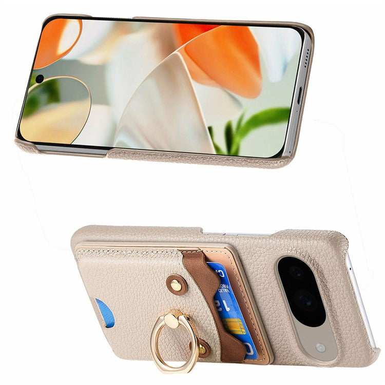 For Google Pixel 9 / 9 Pro Case Cute Bear Design PU Leather+TPU Card Holder Phone Cover - Khaki