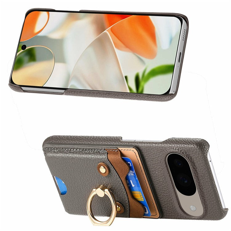 For Google Pixel 9 / 9 Pro Case Cute Bear Design PU Leather+TPU Card Holder Phone Cover - Grey